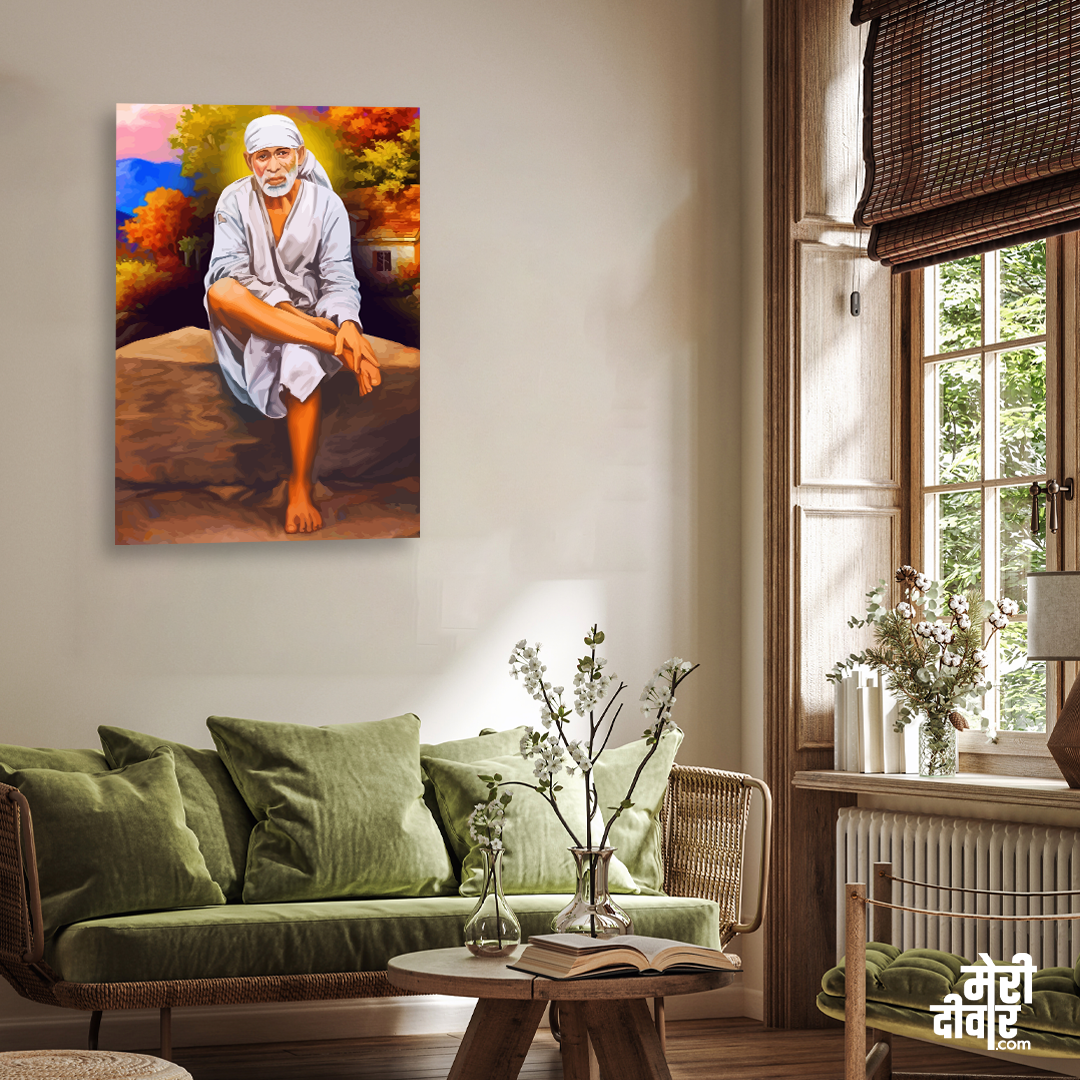 Shirdi Sai Baba Devotional Wall Painting 2 : 3 Vertical Premium Wall Art Canvas by MeriDeewar