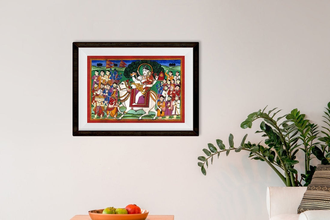 Shiva and Parvati mounted on Nandi bull Painting - Meri Deewar 4 : 3 Horizontal Premium Wall Art Canvas by MeriDeewar