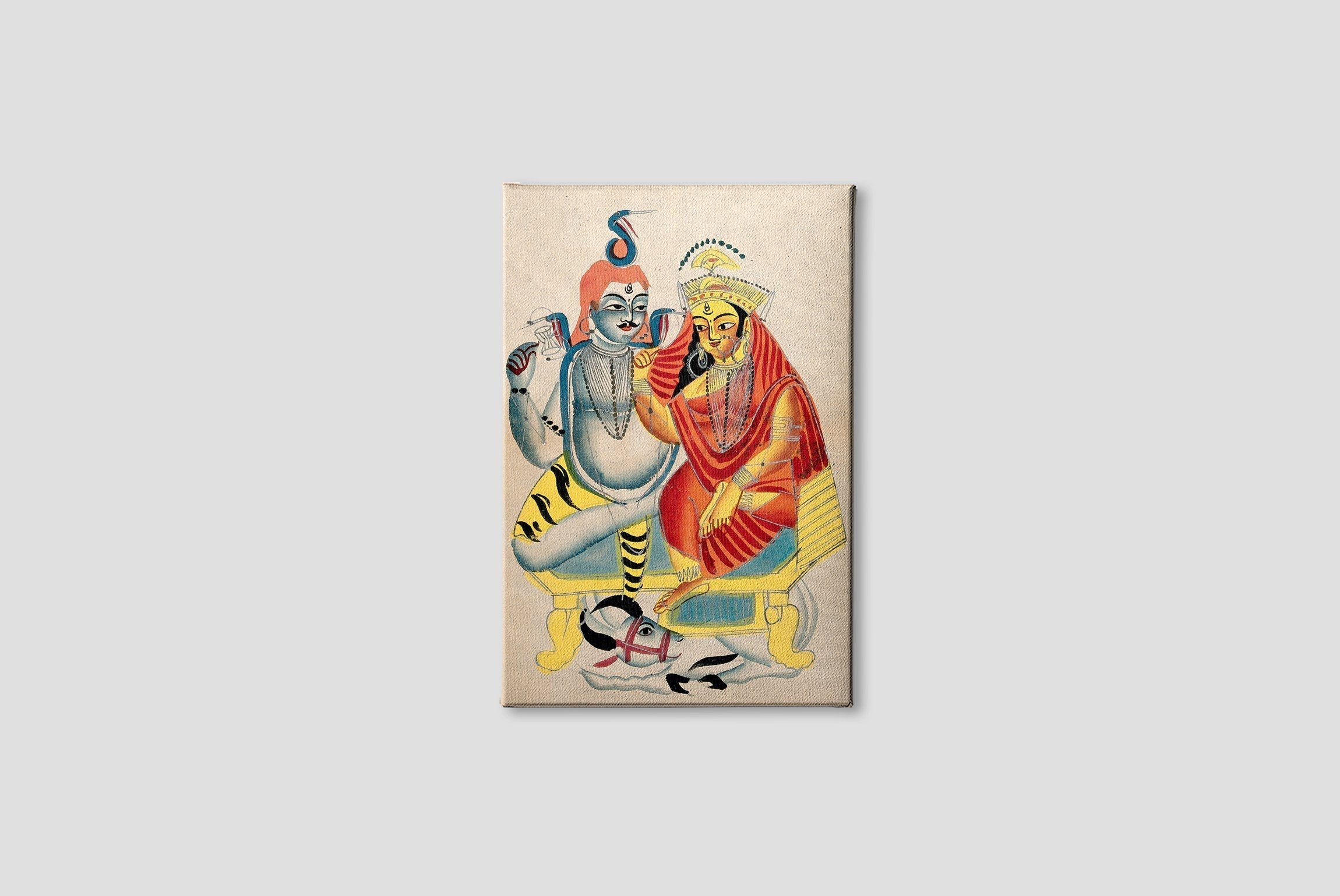 Shiva and Parvati sitting on their throne with Nandi the bull Painting - Meri Deewar 2 : 3 Vertical Premium Wall Art Canvas by MeriDeewar