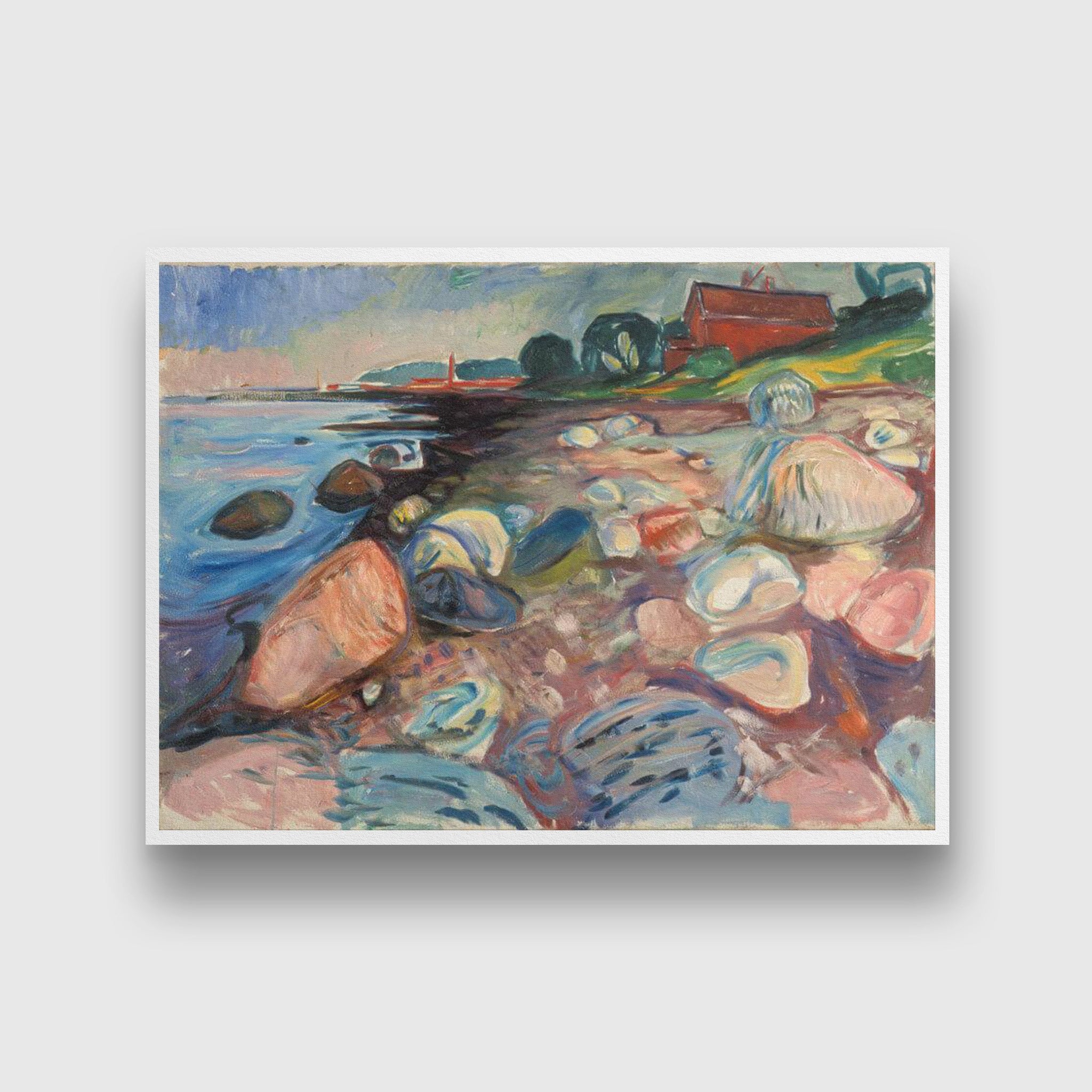 Shore with red house Painting - Meri Deewar 4 : 3 Horizontal Premium Wall Art Canvas by MeriDeewar