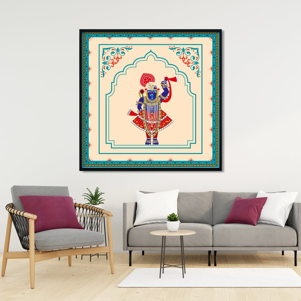 Shrinathji Rajbhog Swaroop Pichwai Krishna Painting - Meri Deewar 1 : 1 Square Premium Wall Art Canvas by MeriDeewar