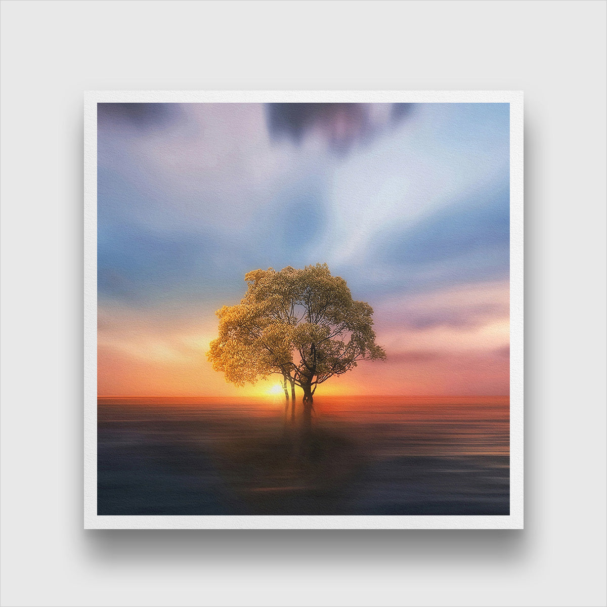 Single Tree Over Lake Painting 1 : 1 Square Premium Wall Art Canvas by MeriDeewar