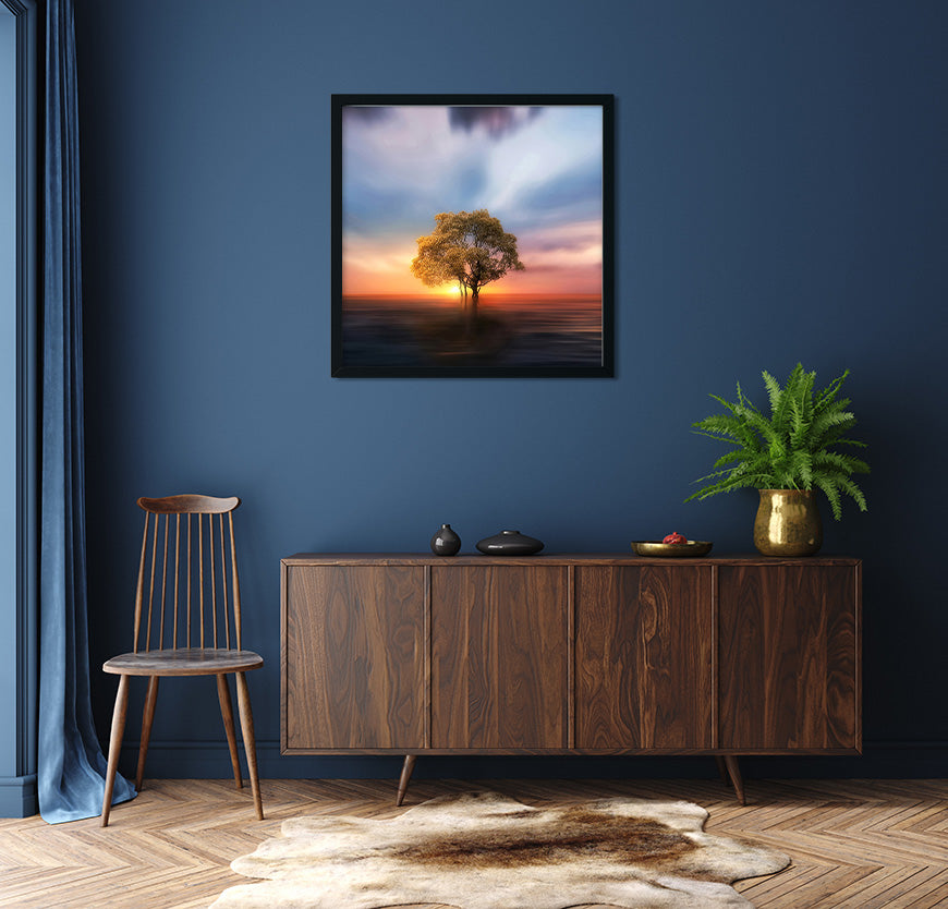 Single Tree Over Lake Painting 1 : 1 Square Premium Wall Art Canvas by MeriDeewar