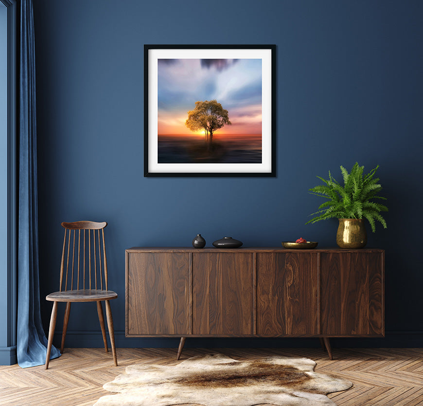Single Tree Over Lake Painting 1 : 1 Square Premium Wall Art Canvas by MeriDeewar