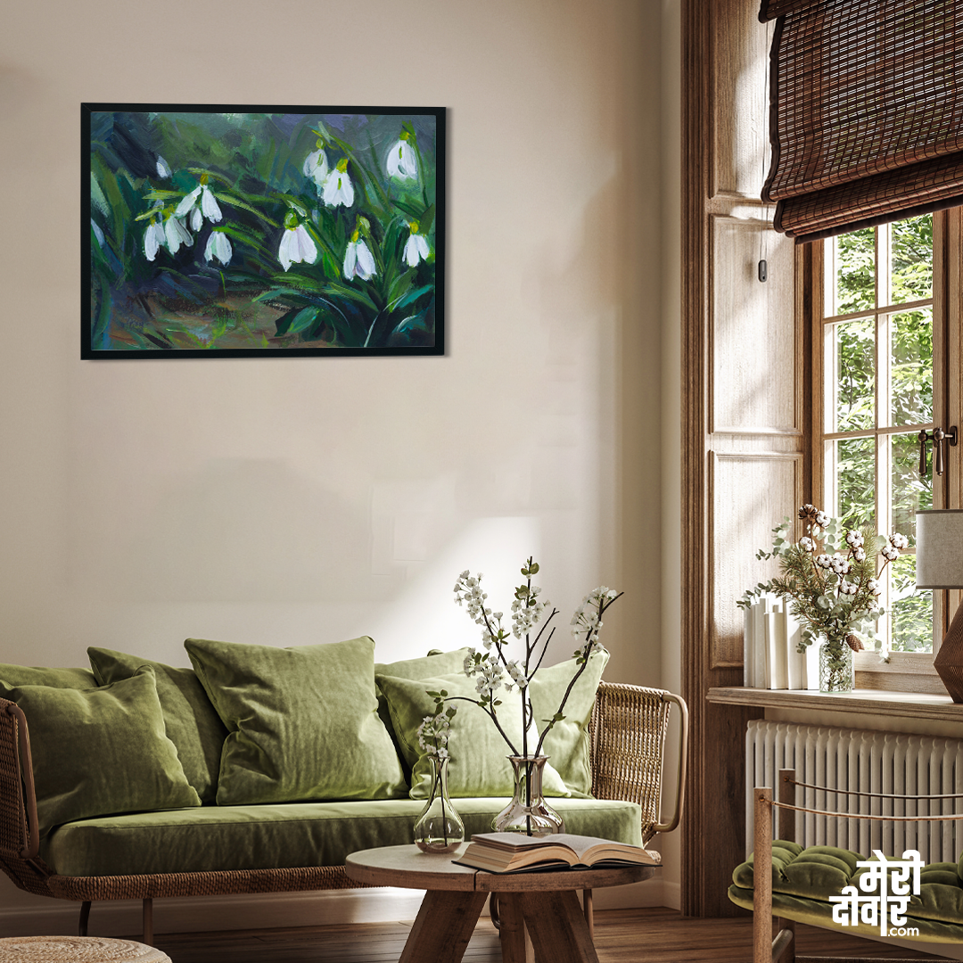 Snowdrops Art Beautiful Blooming Flowers Forest Painting 3 : 2 Horizontal Premium Wall Art Canvas by MeriDeewar