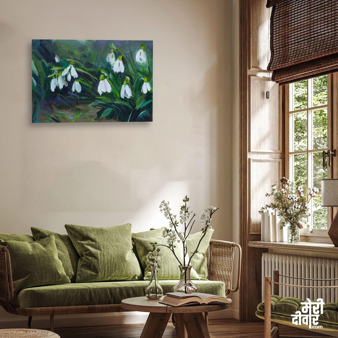 Snowdrops Art Beautiful Blooming Flowers Forest Painting 3 : 2 Horizontal Premium Wall Art Canvas by MeriDeewar