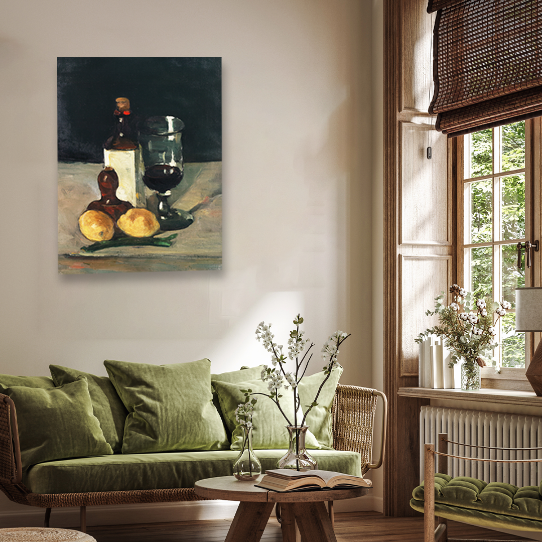 Still Life with Bottle Glass and Lemons Painting 3 : 4 Vertical Premium Wall Art Canvas by MeriDeewar