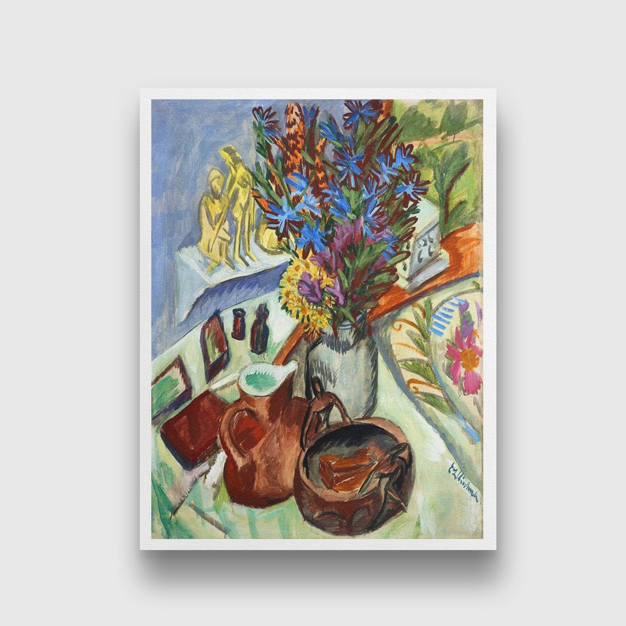 Still life with pitcher and flowers Painting - MeriDeewar 3 : 4 Vertical Premium Wall Art Canvas by MeriDeewar