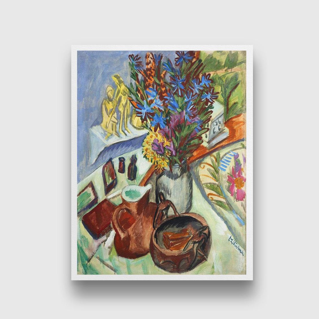Still life with pitcher and flowers Painting - MeriDeewar 3 : 4 Vertical Premium Wall Art Canvas by MeriDeewar