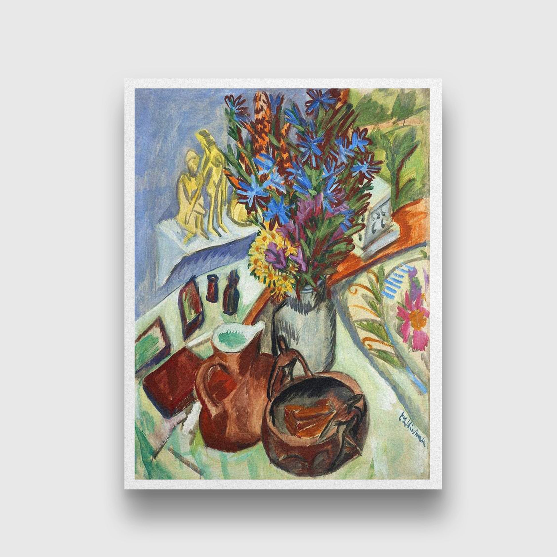 Still life with pitcher and flowers Painting - MeriDeewar 3 : 4 Vertical Premium Wall Art Canvas by MeriDeewar
