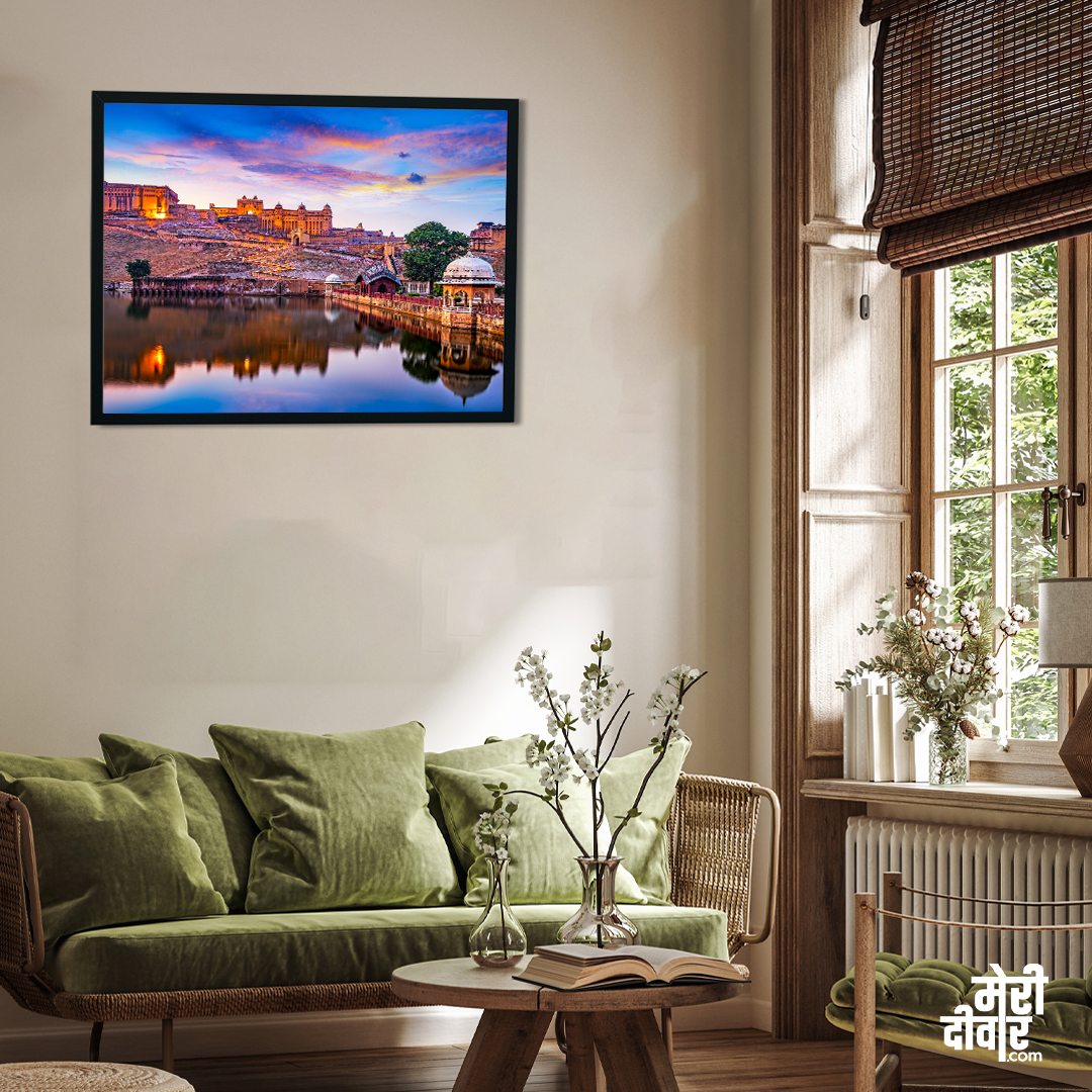 Sunset at Amber Fort and Maota Lake Painting 5 : 4 Horizontal Premium Wall Art Canvas by MeriDeewar