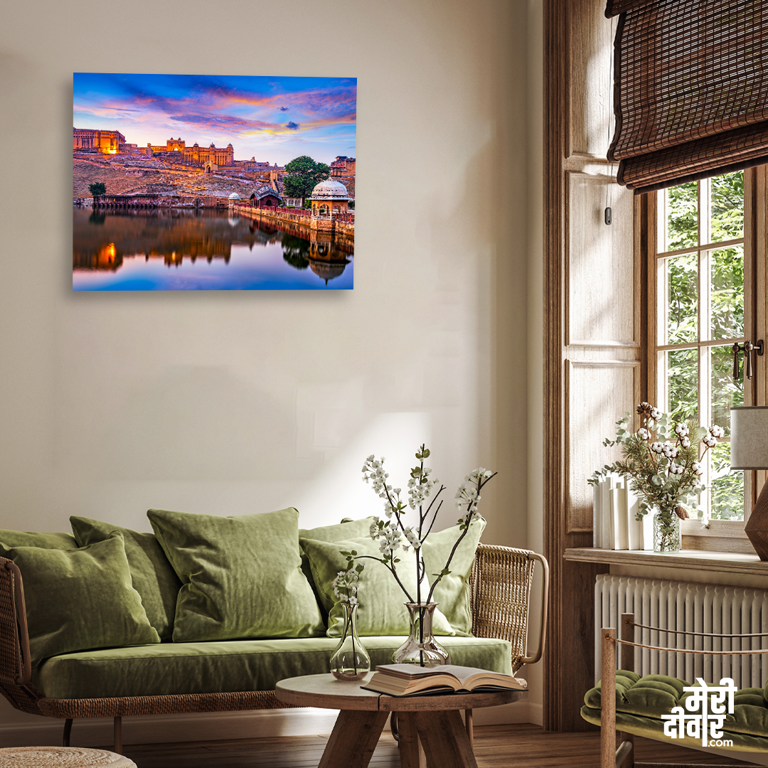 Sunset at Amber Fort and Maota Lake Painting 5 : 4 Horizontal Premium Wall Art Canvas by MeriDeewar