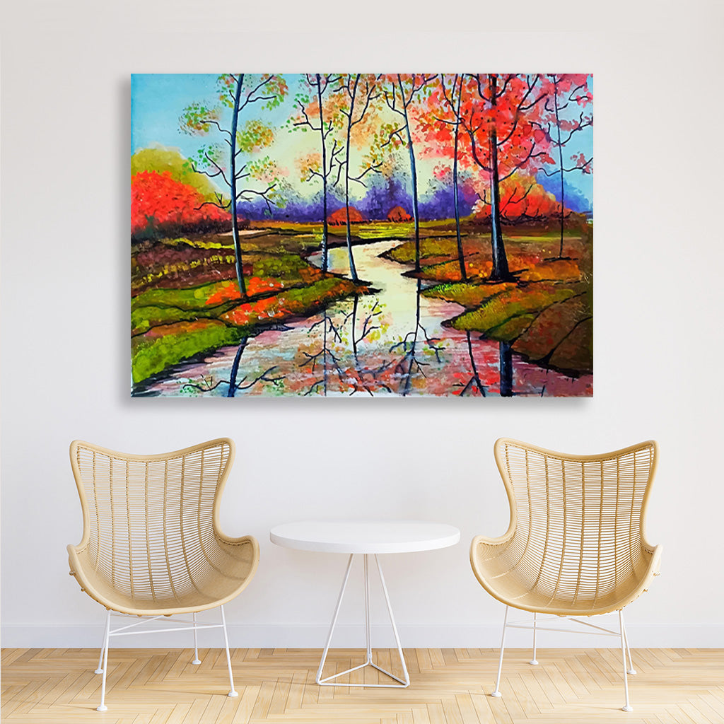 Sunset Lake Water Painting - Meri Deewar 3 : 2 Horizontal Premium Wall Art Canvas by MeriDeewar