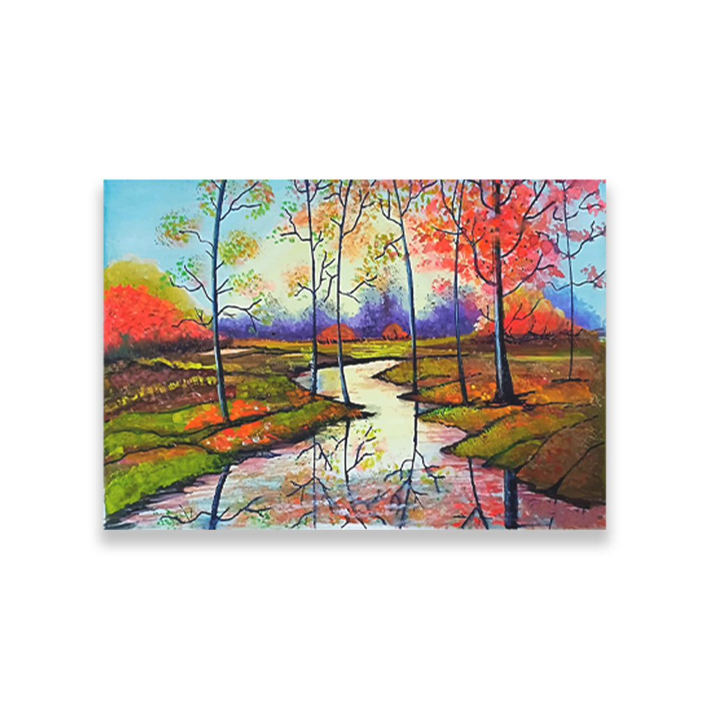 Sunset Lake Water Painting - Meri Deewar 3 : 2 Horizontal Premium Wall Art Canvas by MeriDeewar