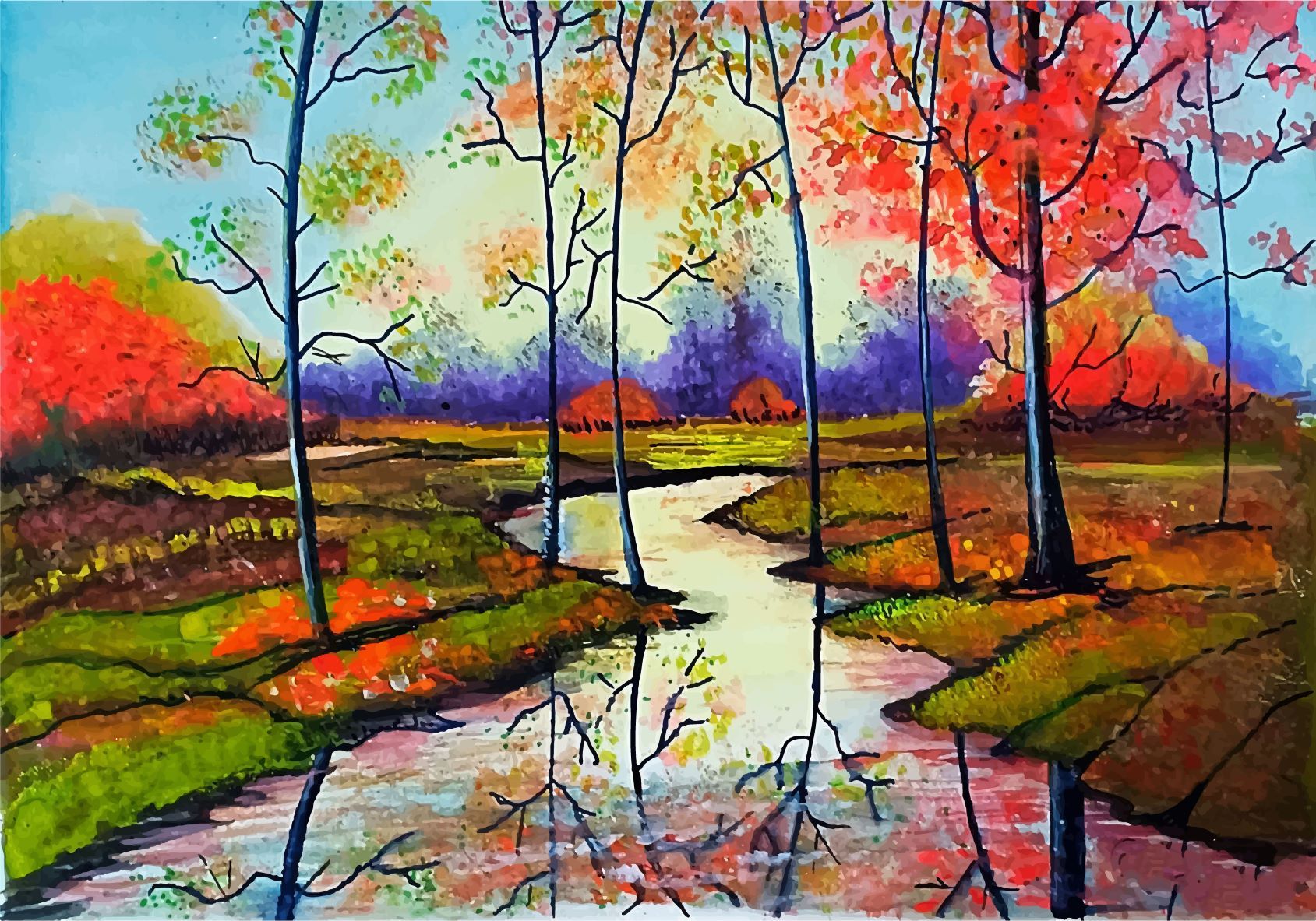 Sunset Lake Water Painting - Meri Deewar 3 : 2 Horizontal Premium Wall Art Canvas by MeriDeewar