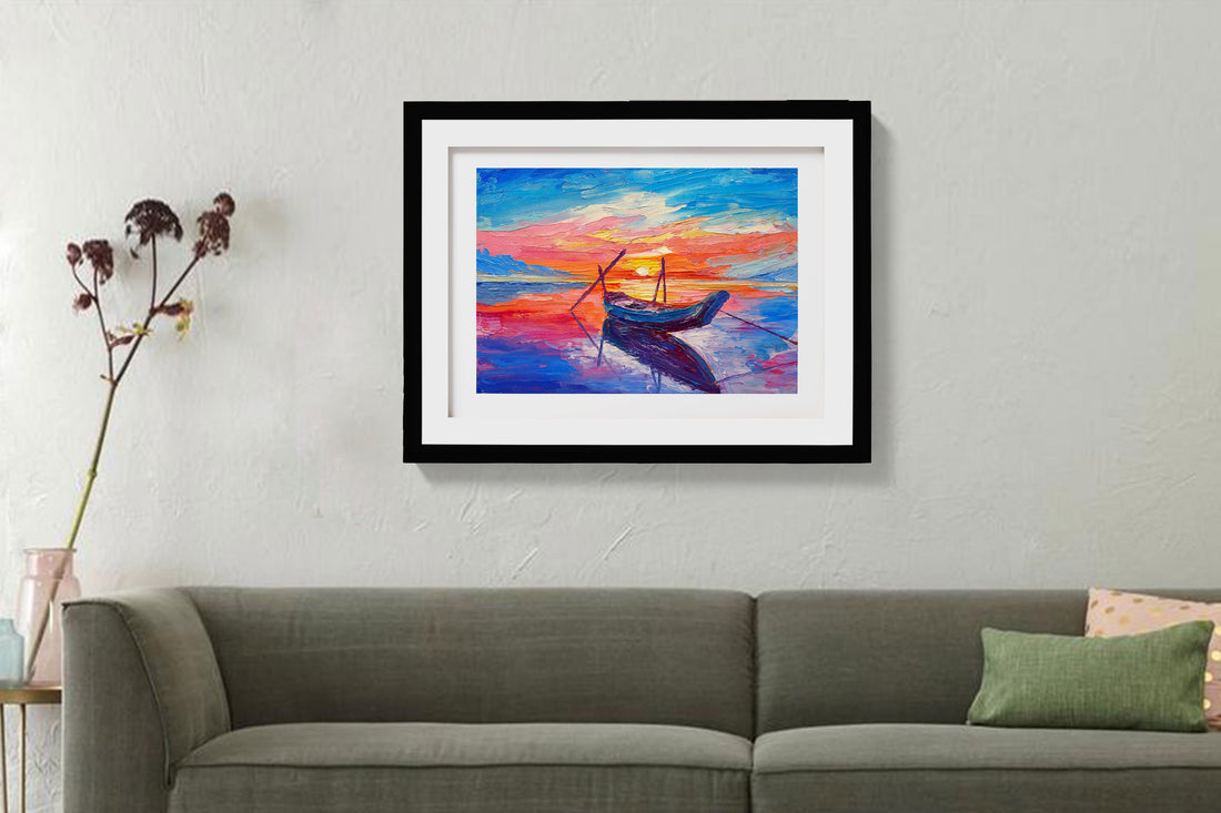 Sunset over ocean oil painting - Meri Deewar 3 : 2 Horizontal Premium Wall Art Canvas by MeriDeewar