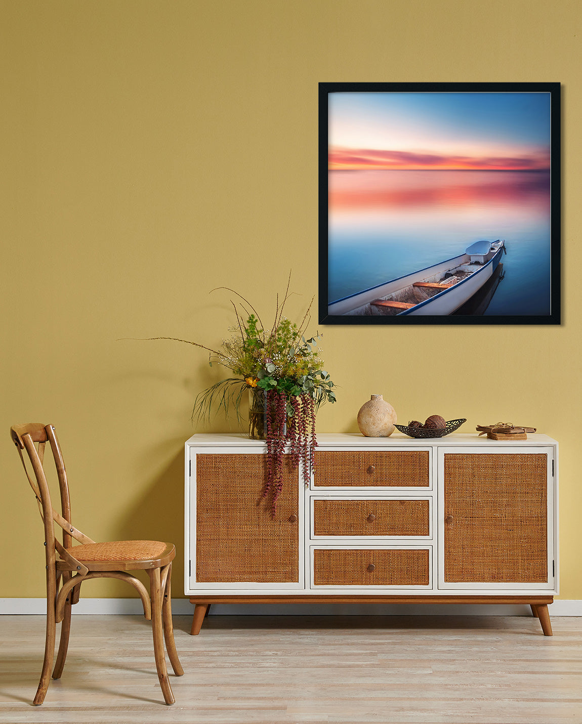 Sunset With Boat Painting 1 : 1 Square Premium Wall Art Canvas by MeriDeewar