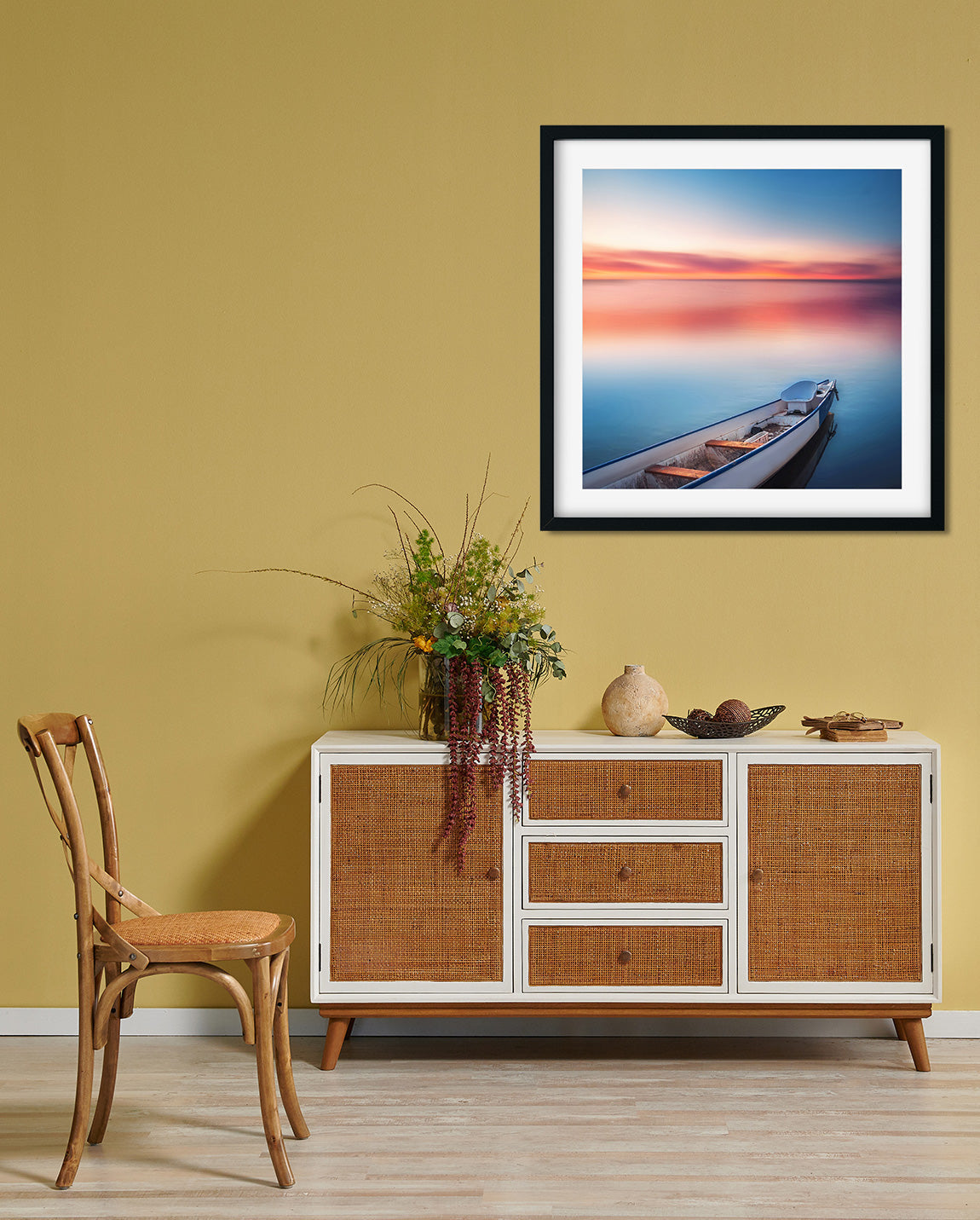 Sunset With Boat Painting 1 : 1 Square Premium Wall Art Canvas by MeriDeewar