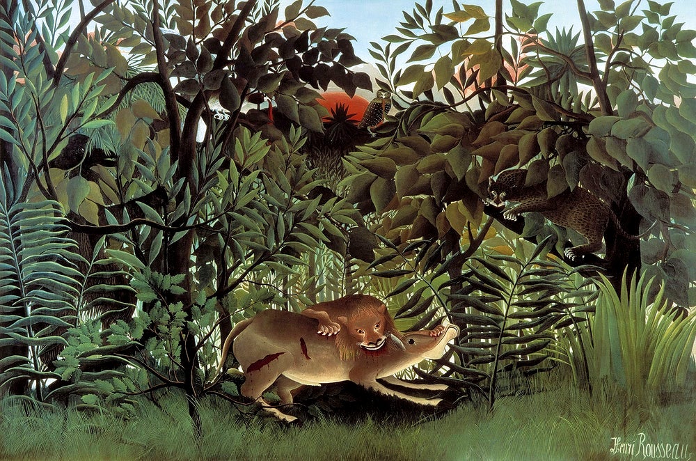 The Hungry Lion Throws Itself on the Antelope painting - Meri Deewar 3 : 2 Horizontal Premium Wall Art Canvas by MeriDeewar