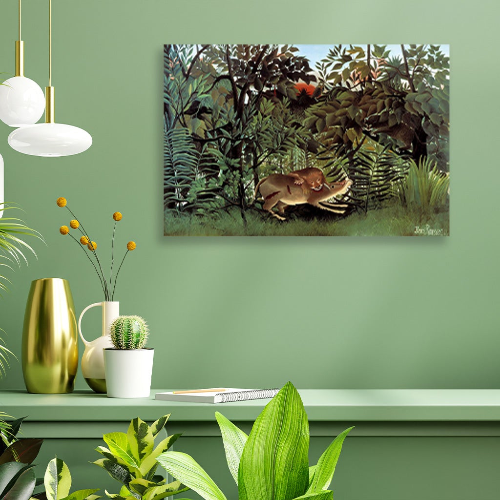 The Hungry Lion Throws Itself on the Antelope painting - Meri Deewar 3 : 2 Horizontal Premium Wall Art Canvas by MeriDeewar
