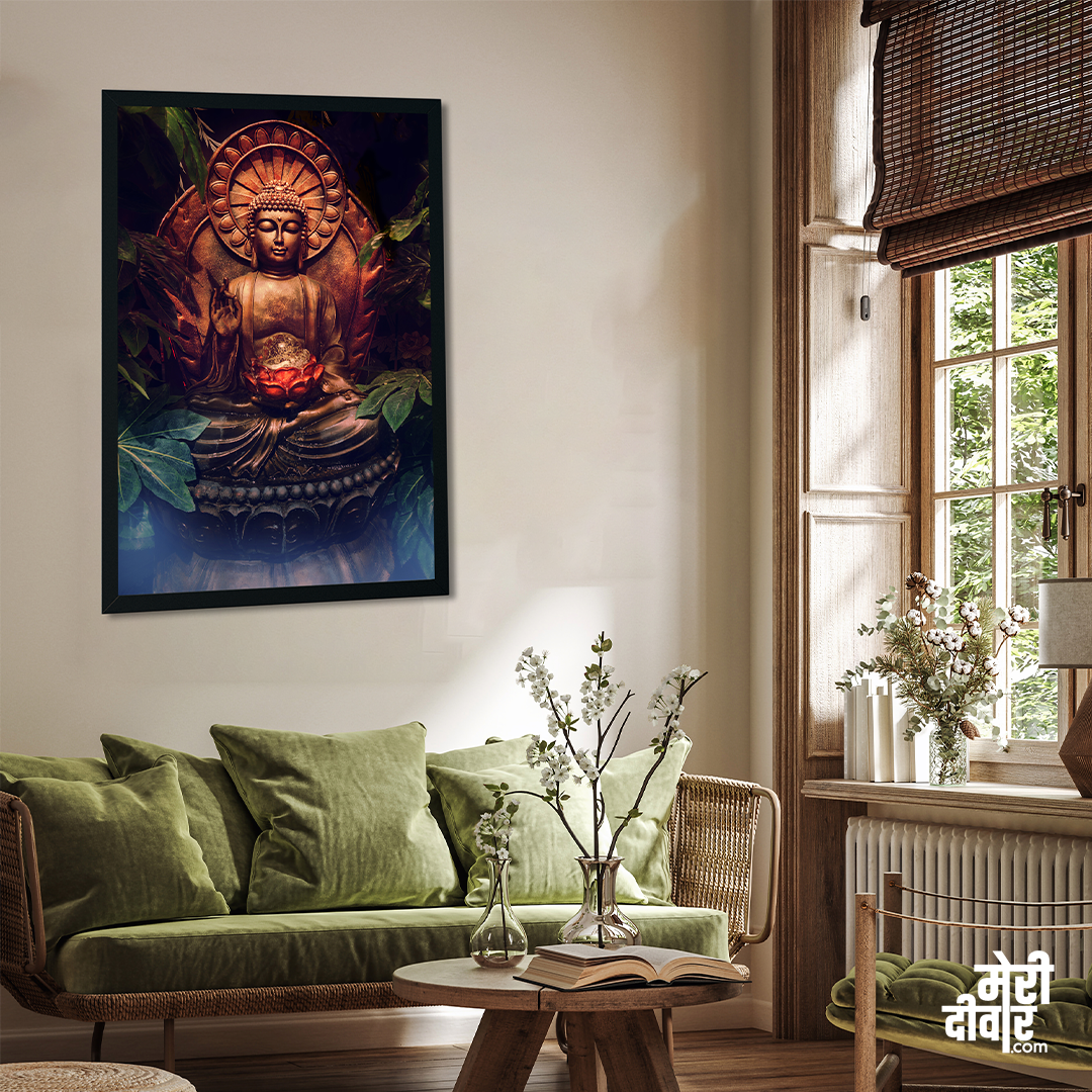 The Mystique of Buddha Wood Stretched Wall Painting 2 : 3 Vertical Premium Wall Art Canvas by MeriDeewar