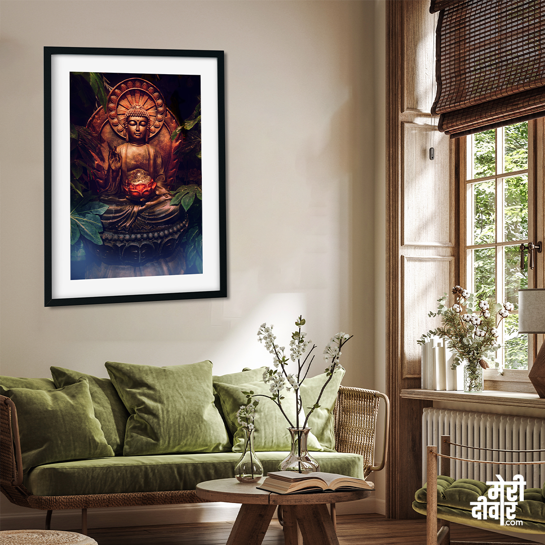 The Mystique of Buddha Wood Stretched Wall Painting 2 : 3 Vertical Premium Wall Art Canvas by MeriDeewar