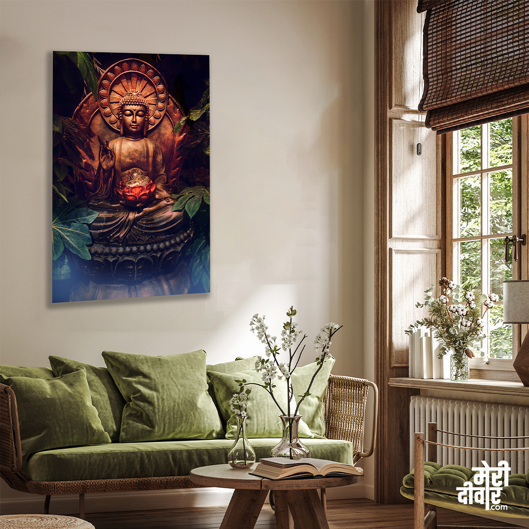 The Mystique of Buddha Wood Stretched Wall Painting 2 : 3 Vertical Premium Wall Art Canvas by MeriDeewar