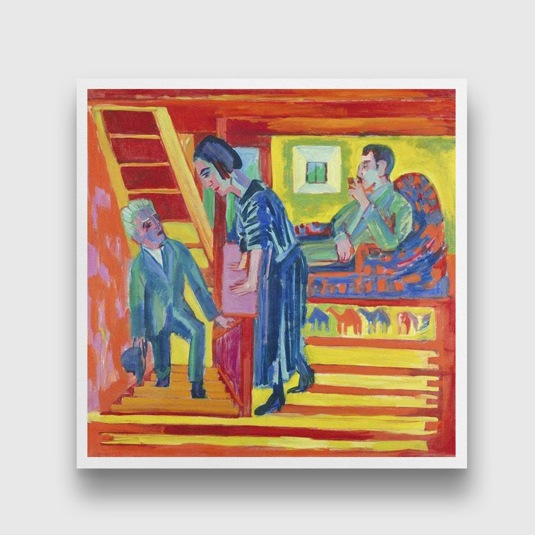 The Visit Couple and Newcomer Painting - MeriDeewar 1 : 1 Square Premium Wall Art Canvas by MeriDeewar