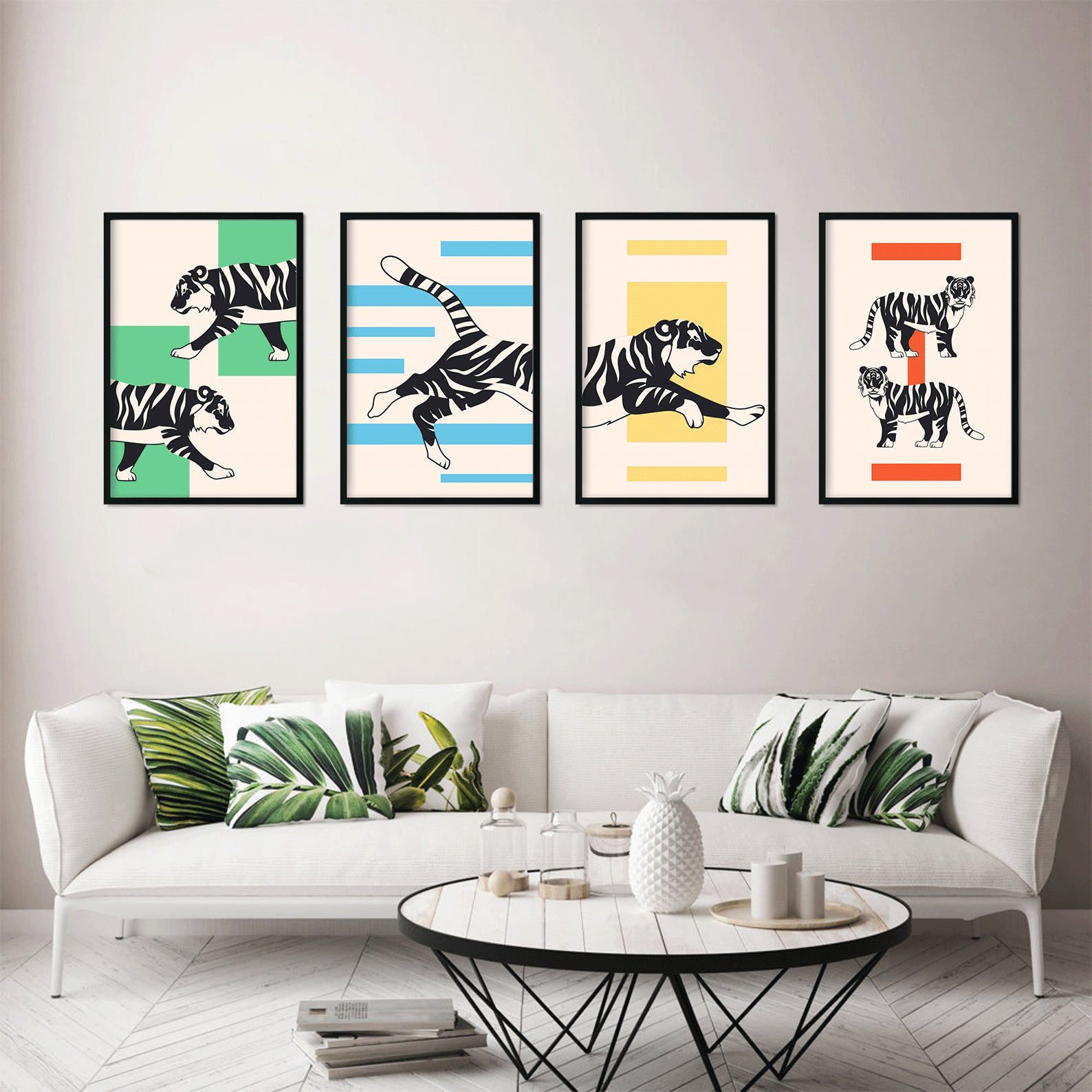 Tiger running sitting lying tiger flat design Painting 2 : 3 Vertical Premium Wall Art Canvas by MeriDeewar