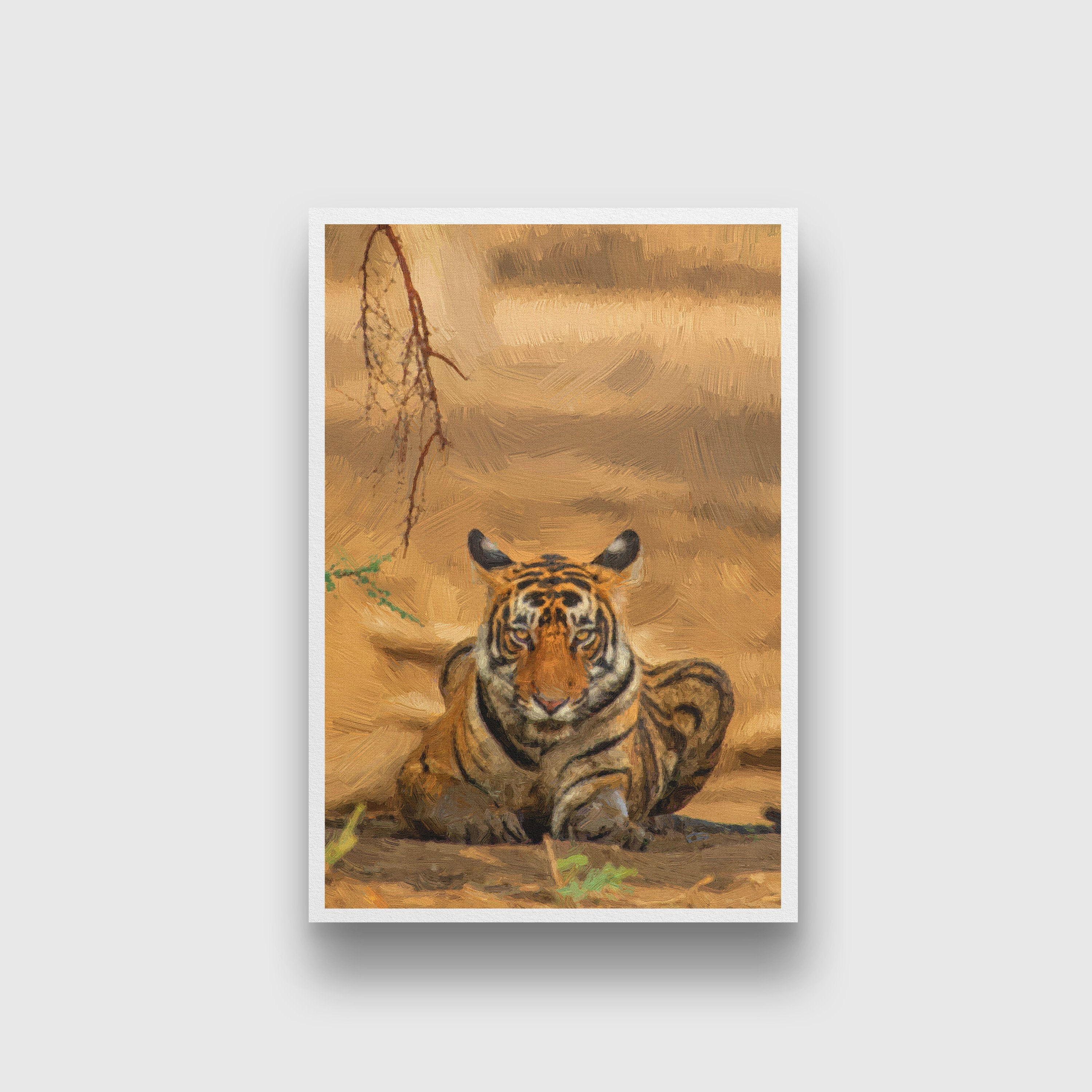 Tiger sitting in a forest Painting - Meri Deewar 2 : 3 Vertical Premium Wall Art Canvas by MeriDeewar