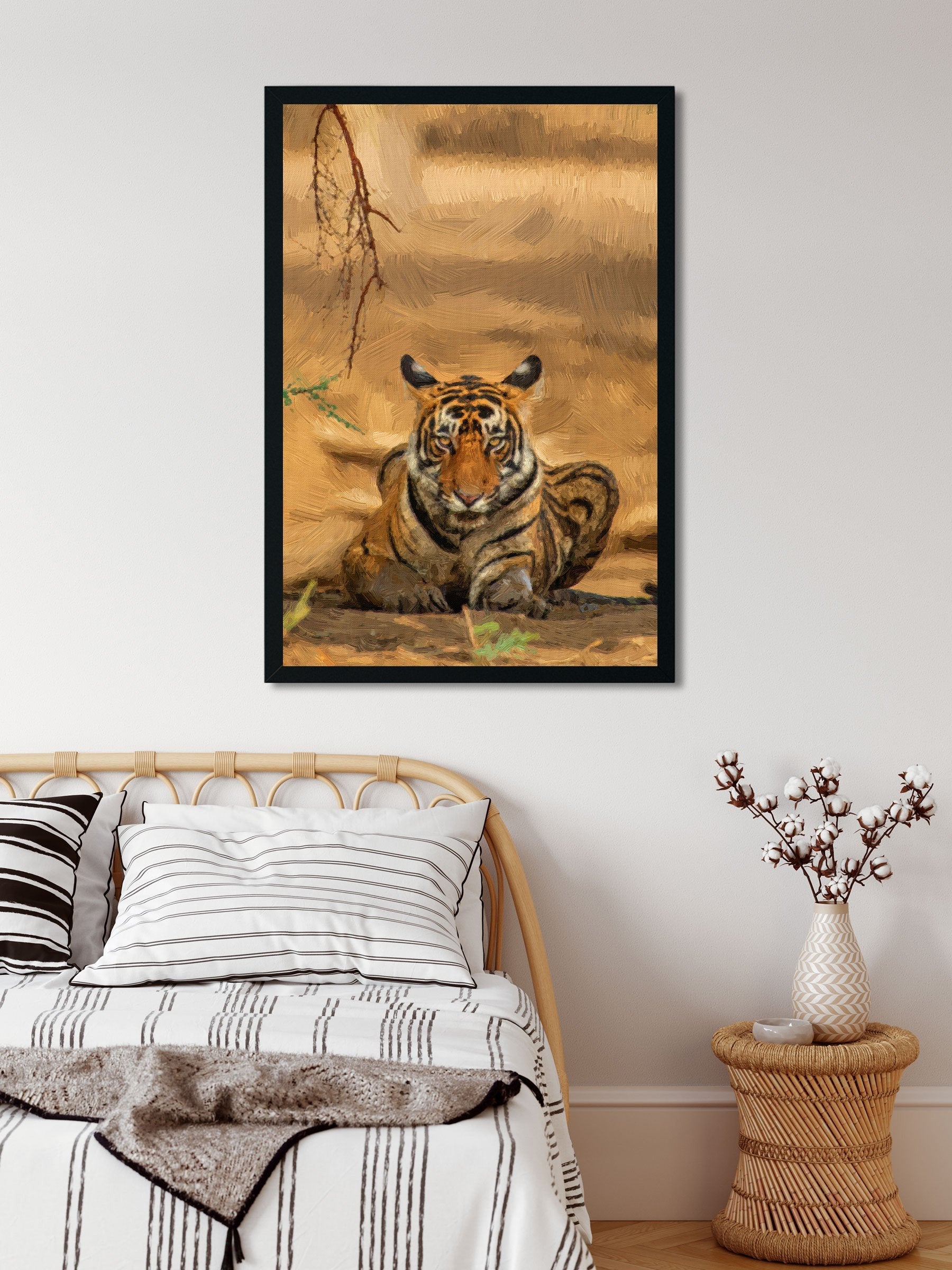 Tiger sitting in a forest Painting - Meri Deewar 2 : 3 Vertical Premium Wall Art Canvas by MeriDeewar
