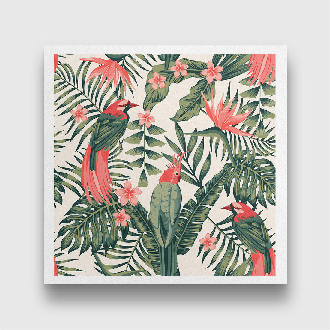 Tropical dark green leaves of palm trees and flowers Painting 1 : 1 Square Premium Wall Art Canvas by MeriDeewar