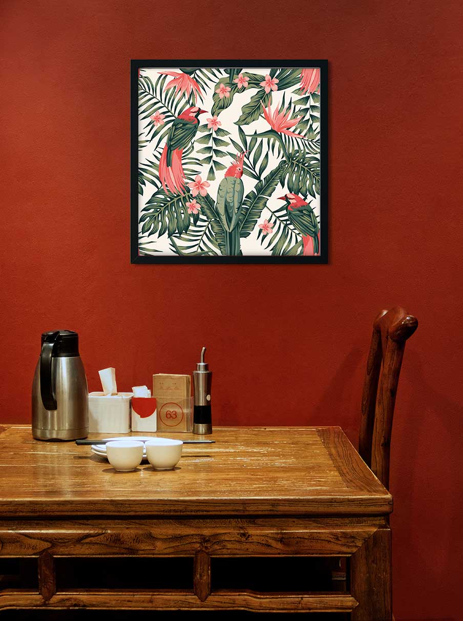 Tropical dark green leaves of palm trees and flowers Painting 1 : 1 Square Premium Wall Art Canvas by MeriDeewar