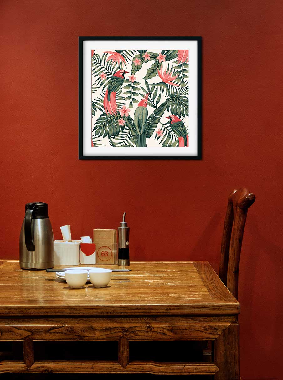 Tropical dark green leaves of palm trees and flowers Painting 1 : 1 Square Premium Wall Art Canvas by MeriDeewar