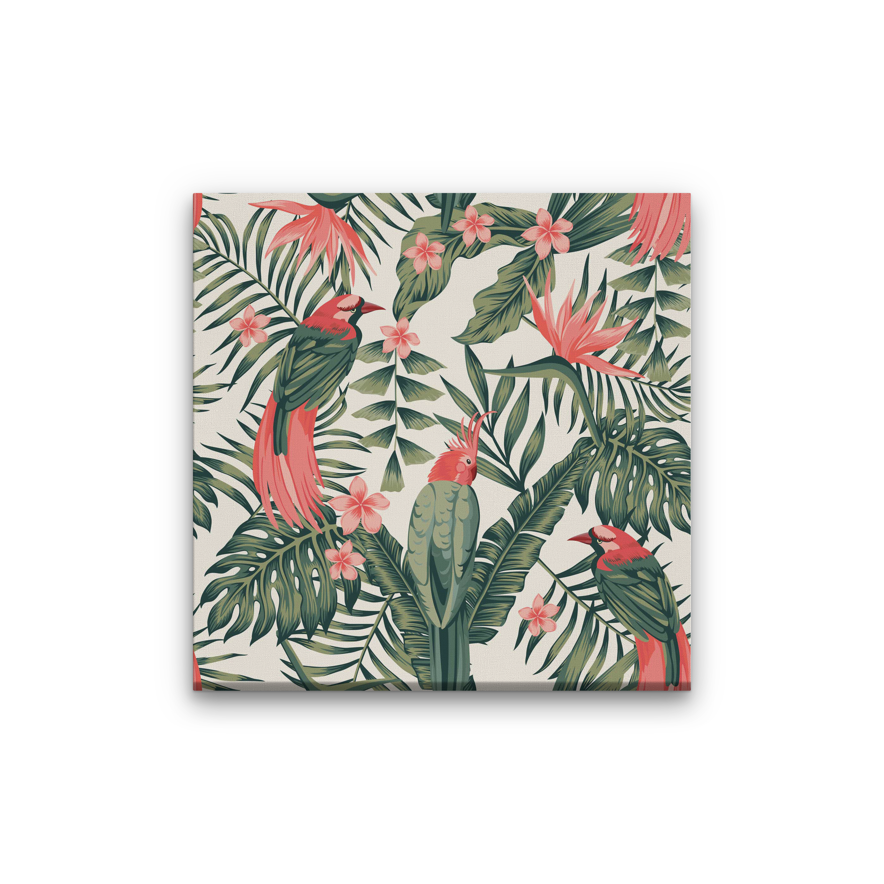 Tropical dark green leaves of palm trees and flowers Painting 1 : 1 Square Premium Wall Art Canvas by MeriDeewar