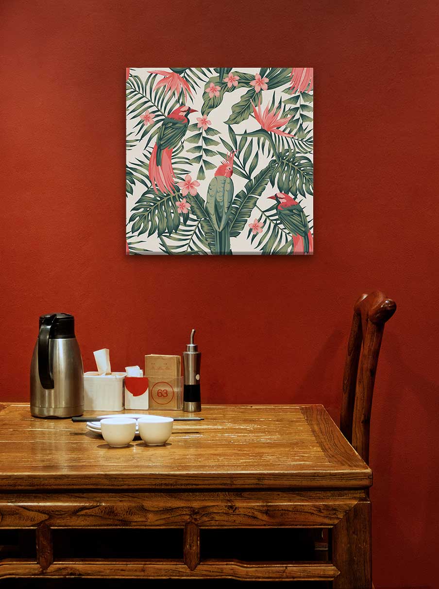 Tropical dark green leaves of palm trees and flowers Painting 1 : 1 Square Premium Wall Art Canvas by MeriDeewar