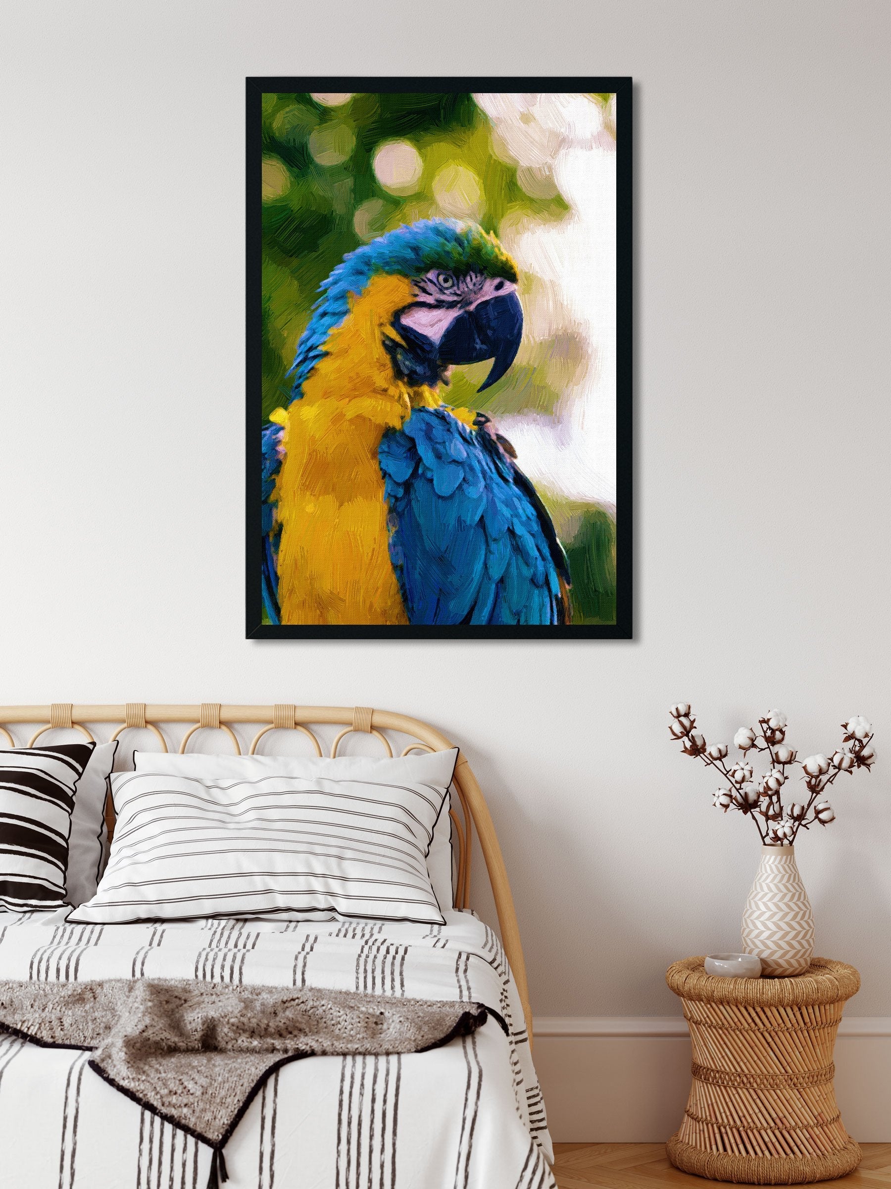 Tropical parrot yellow blue Painting - Meri Deewar 2 : 3 Vertical Premium Wall Art Canvas by MeriDeewar