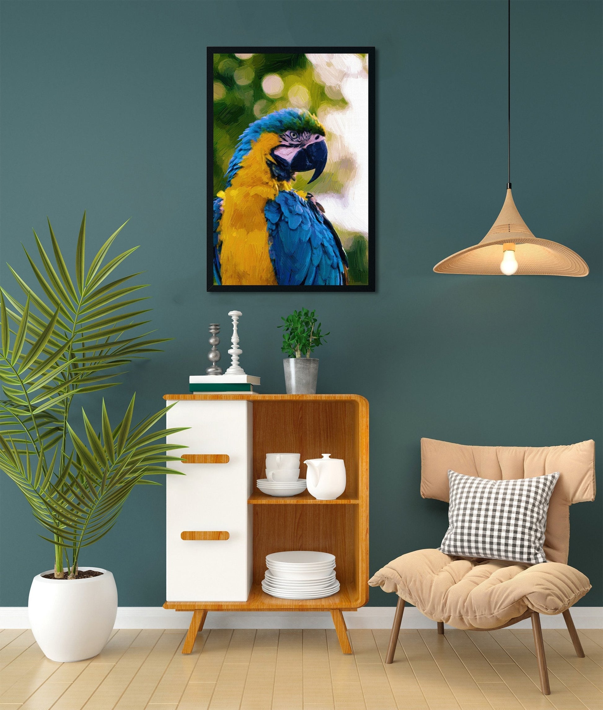 Tropical parrot yellow blue Painting - Meri Deewar 2 : 3 Vertical Premium Wall Art Canvas by MeriDeewar