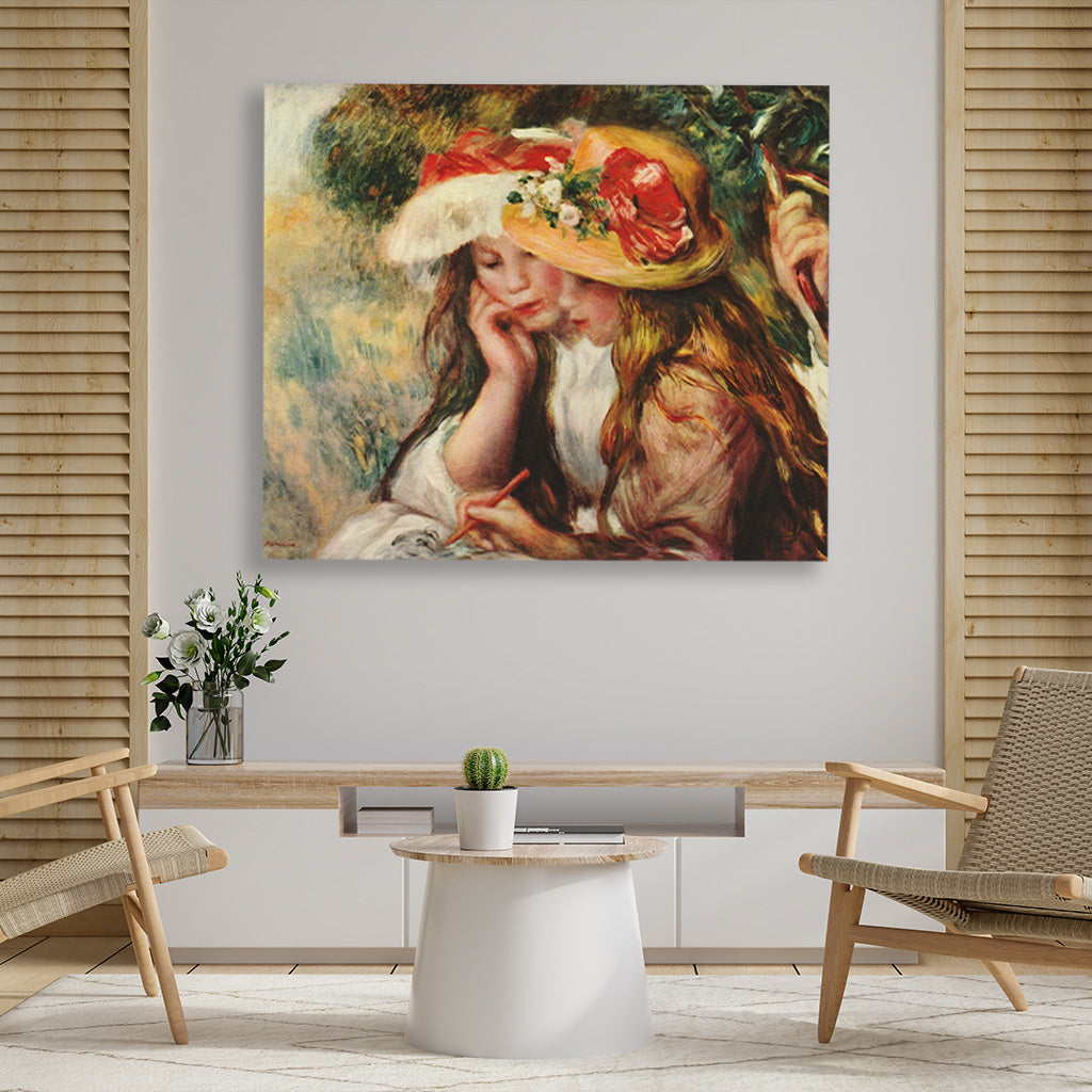 Two Girls Drawing Painting - Meri Deewar 6 : 5 Horizontal Premium Wall Art Canvas by MeriDeewar