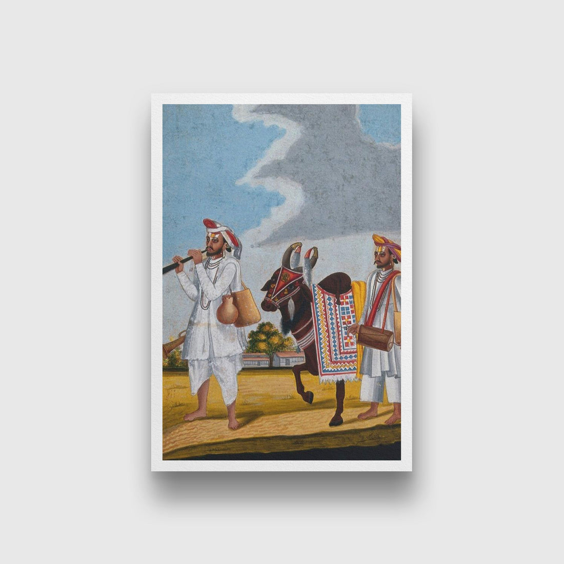 Two Hindu musicians and a highly decorated cow Painting - Meri Deewar 2 : 3 Vertical Premium Wall Art Canvas by MeriDeewar