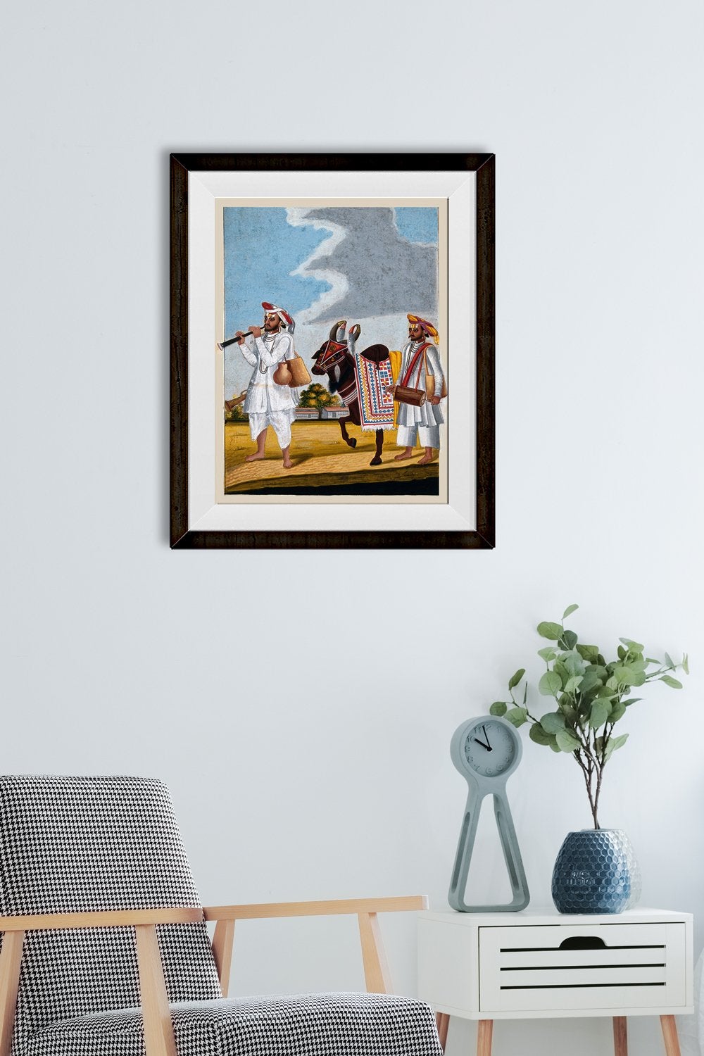Two Hindu musicians and a highly decorated cow Painting - Meri Deewar 2 : 3 Vertical Premium Wall Art Canvas by MeriDeewar