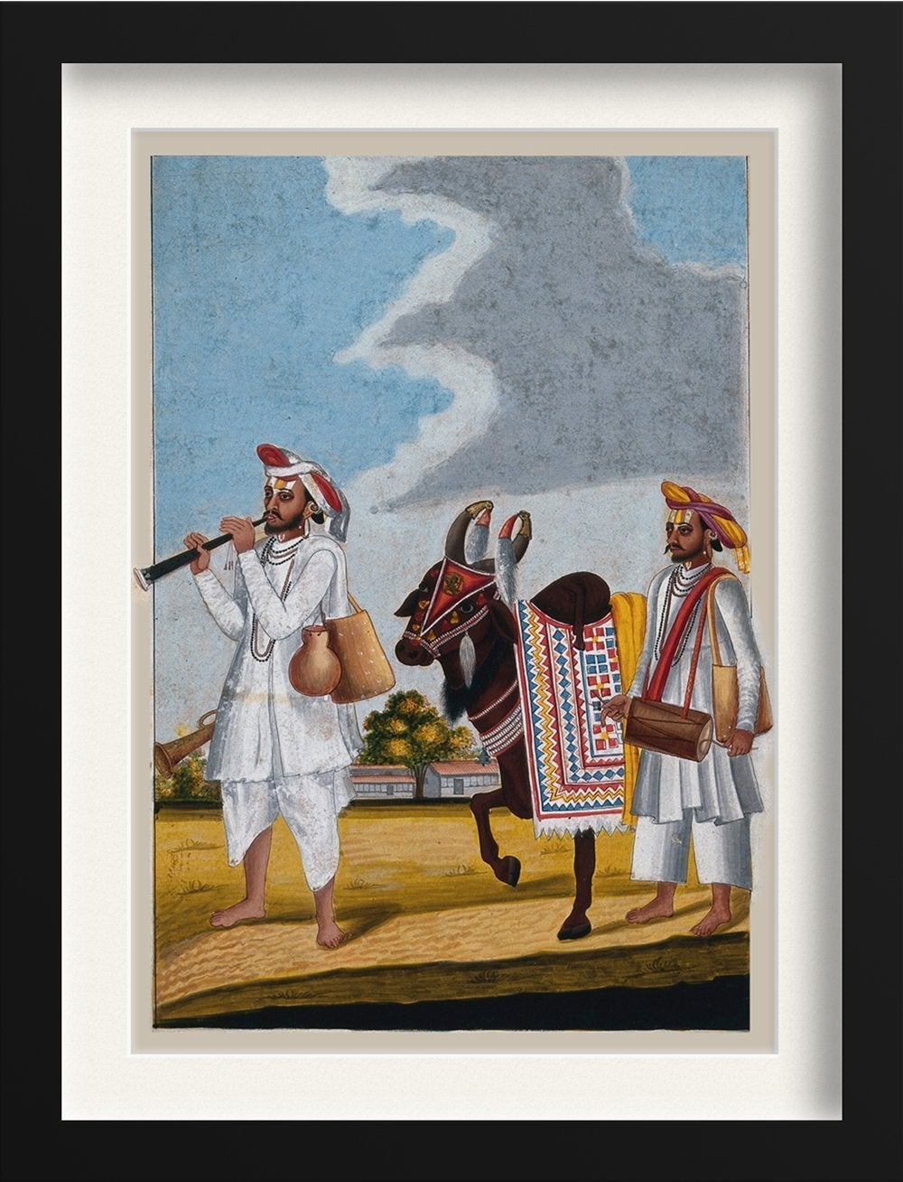 Two Hindu musicians and a highly decorated cow Painting - Meri Deewar 2 : 3 Vertical Premium Wall Art Canvas by MeriDeewar