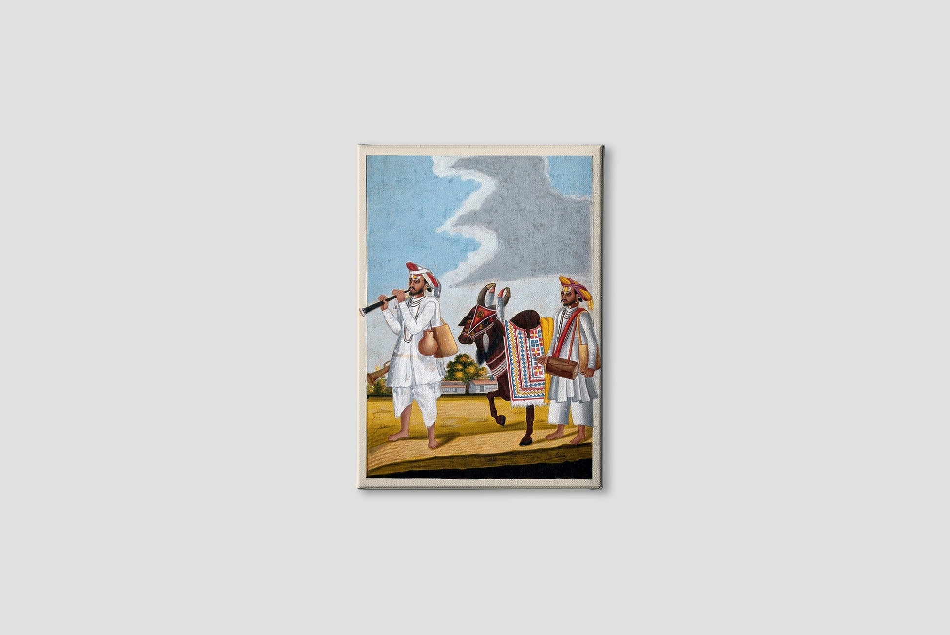 Two Hindu musicians and a highly decorated cow Painting - Meri Deewar 2 : 3 Vertical Premium Wall Art Canvas by MeriDeewar