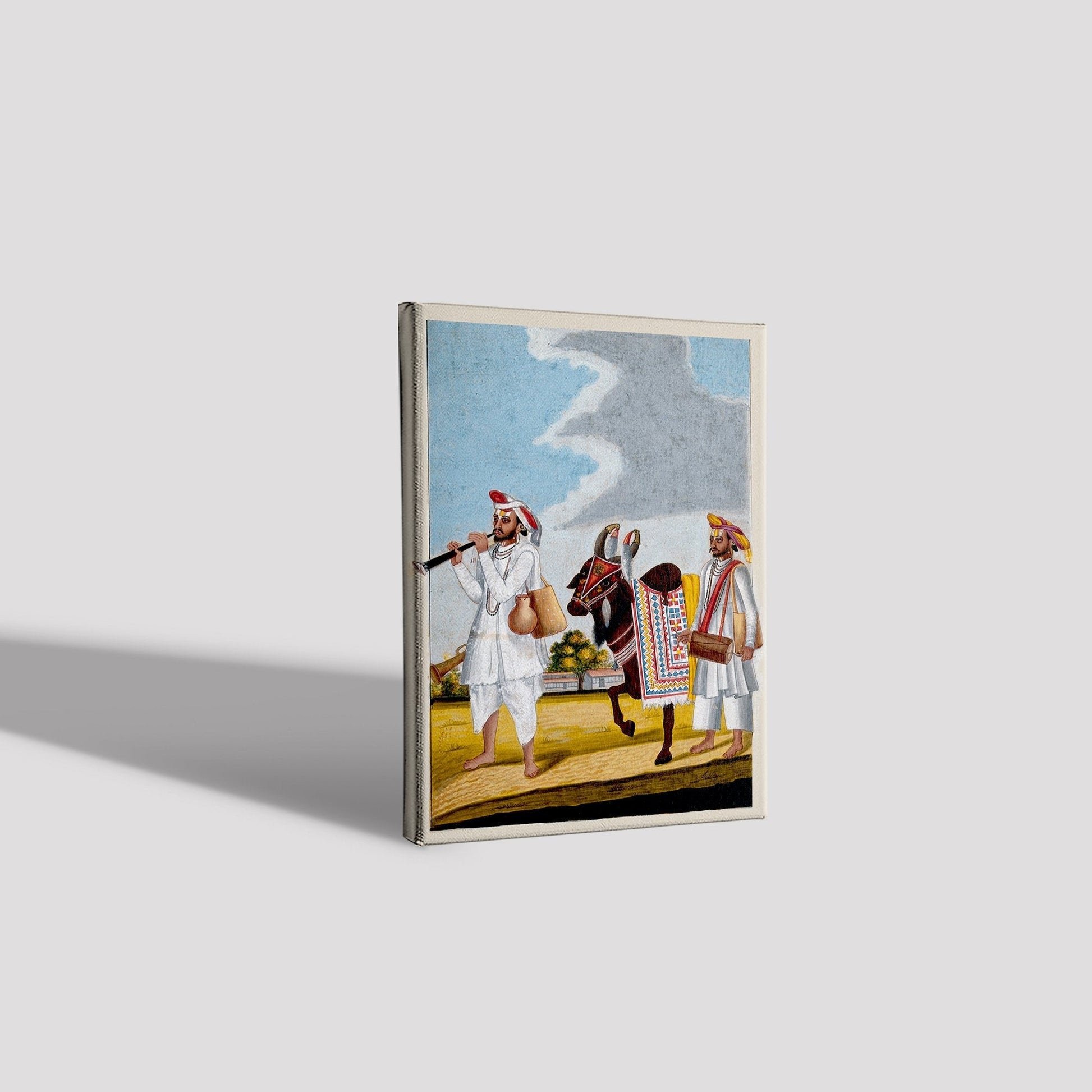 Two Hindu musicians and a highly decorated cow Painting - Meri Deewar 2 : 3 Vertical Premium Wall Art Canvas by MeriDeewar