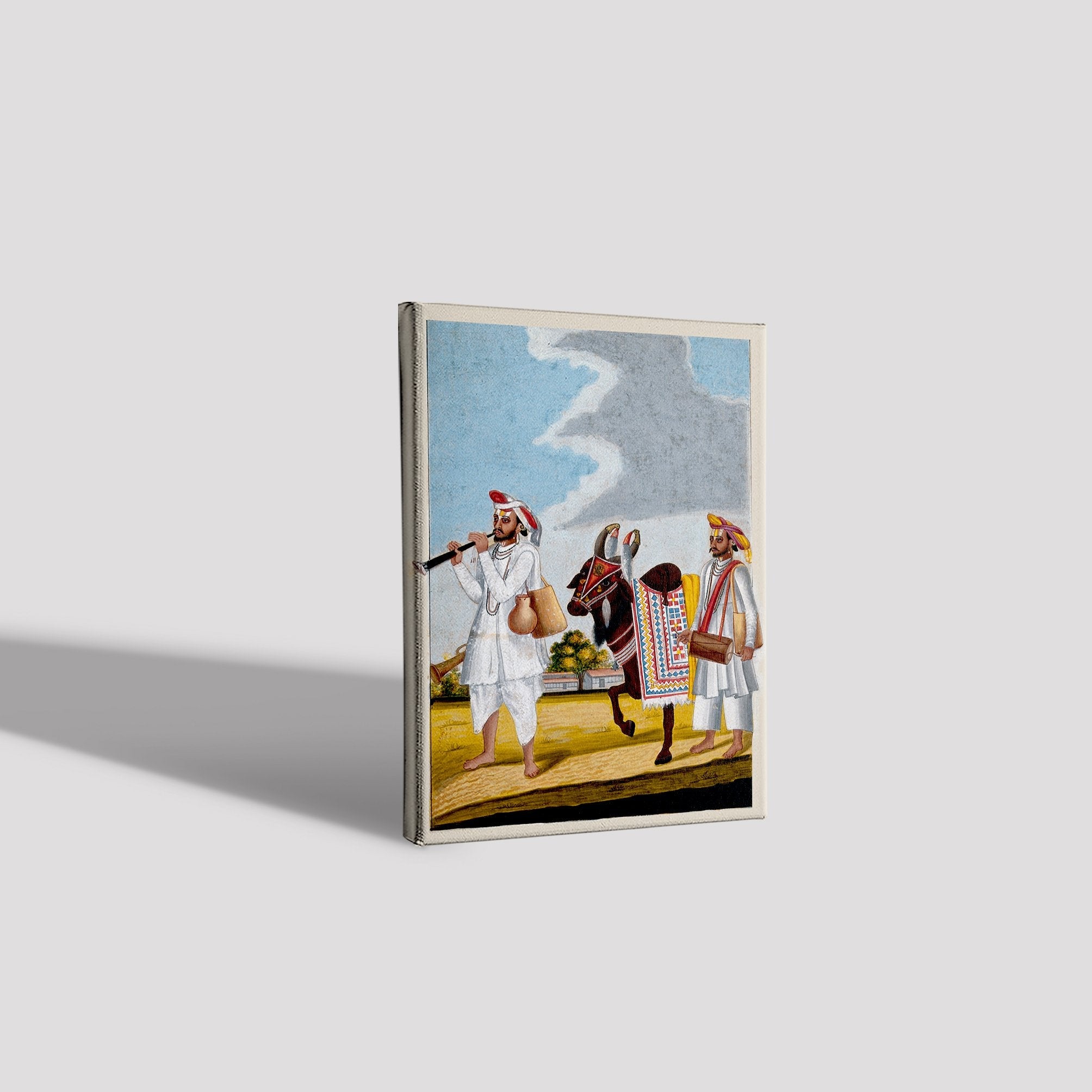 Two Hindu musicians and a highly decorated cow Painting - Meri Deewar 2 : 3 Vertical Premium Wall Art Canvas by MeriDeewar