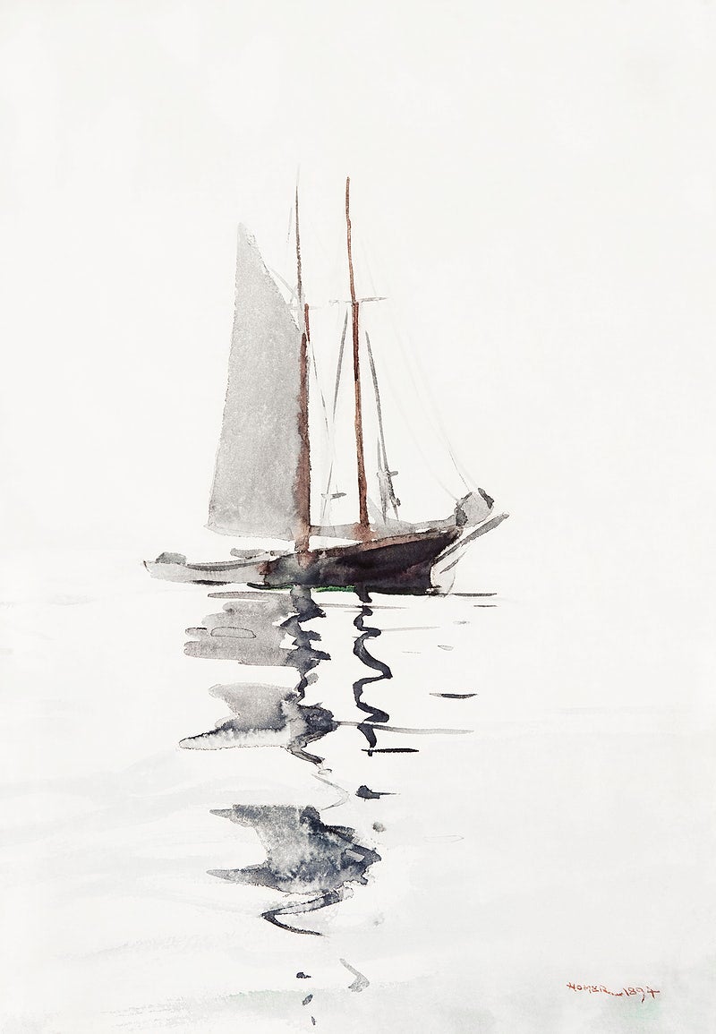 Two–masted Schooner with Dory painting - Meri Deewar 2 : 3 Vertical Premium Wall Art Canvas by MeriDeewar