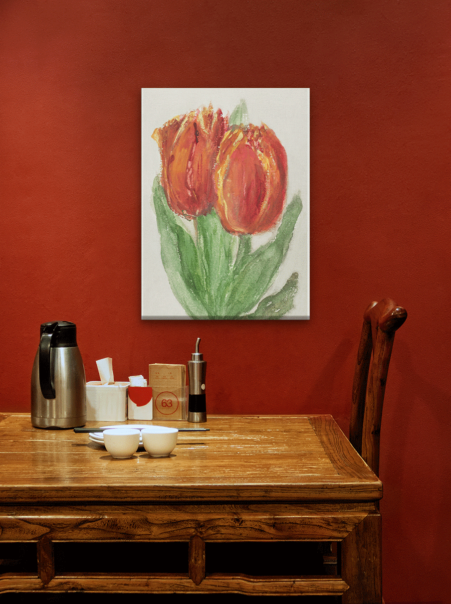 Two Red Tulips Painting 2 : 3 Vertical Premium Wall Art Canvas by MeriDeewar