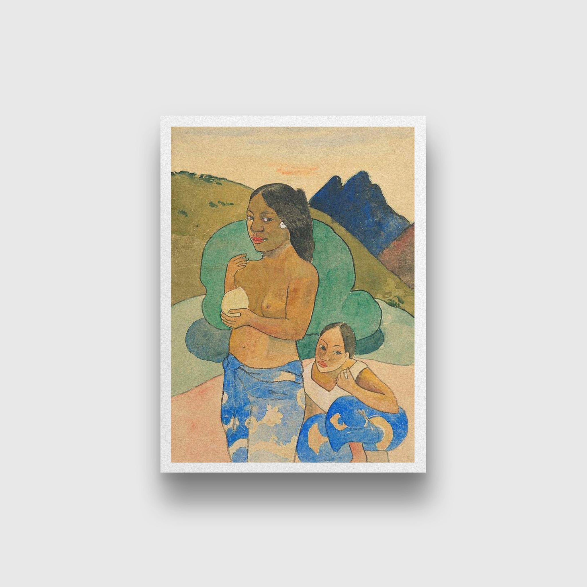 Two Tahitian Women in a Landscape Painting - Meri Deewar 4 X 5.5 Vertical Premium Wall Art Canvas by MeriDeewar