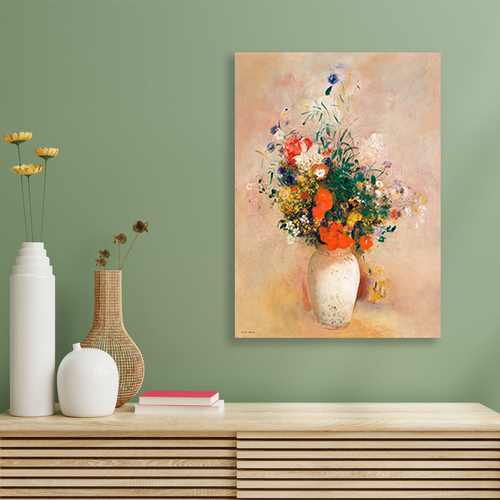Vase of Flowers (Pink Background) painting 4 X 5.5 Vertical Premium Wall Art Canvas by MeriDeewar