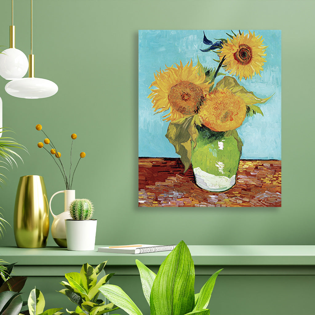 Vase with Three Sunflowers (1888) famous painting 5 : 6 Vertical Premium Wall Art Canvas by MeriDeewar